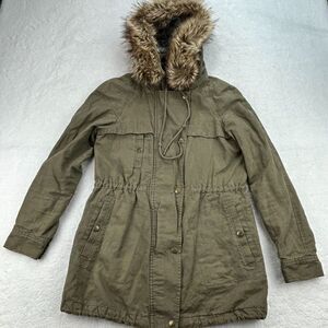 Loft Utility Jacket hood w faux fur‎ Women's XS Olive Green Linen Blend